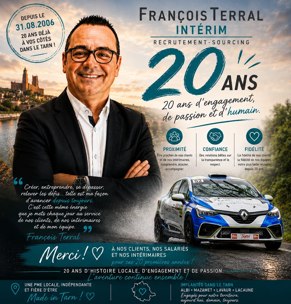 Visuel des 20 ans de François Terral Intérim : depuis le 31.08.2006, 20 ans déjà à vos côtés dans le Tarn, proximité, confiance, fidélité.